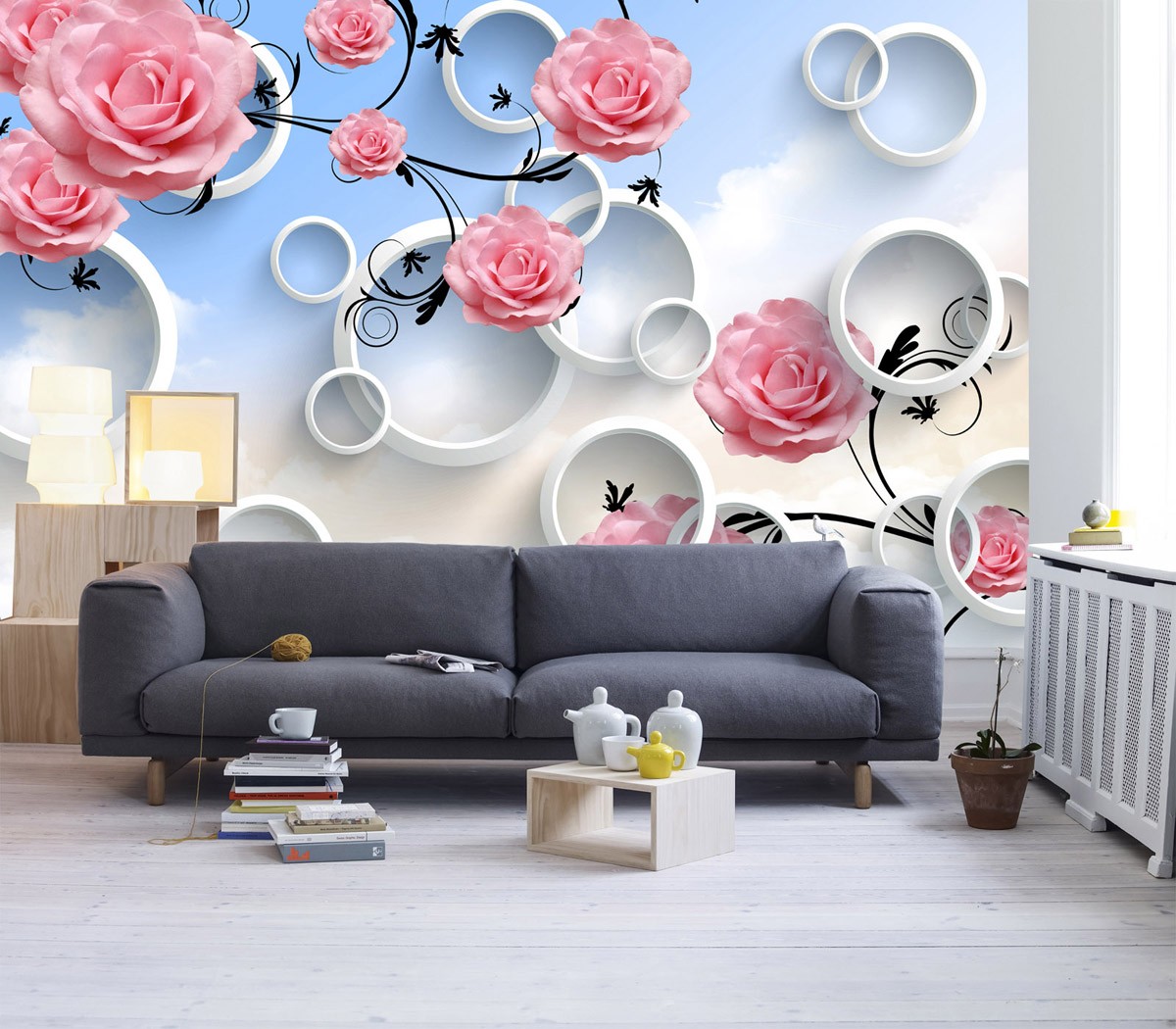 картинка 3 D фотообои розовые розы на фоне неба с кругамиот интернет-магазина Фотомили
