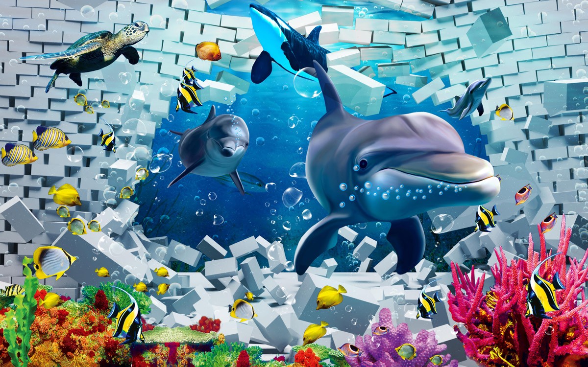 картинка Фотообои подводный мир с дельфинами и морскими черепахамиот интернет-магазина Фотомили