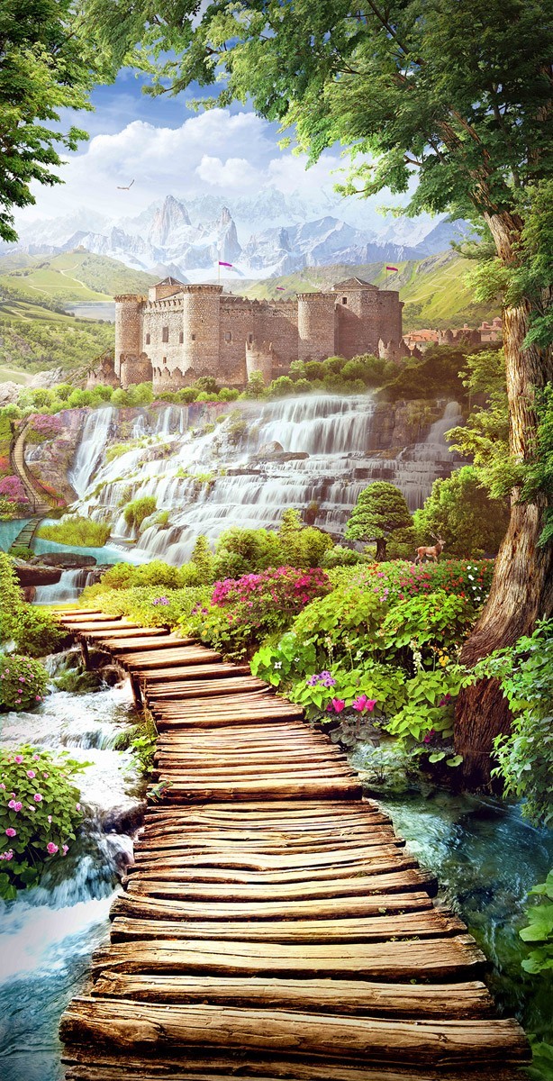 картинка Фотообои фреска мостик ведущий к крепости через водопадыот интернет-магазина Фотомили