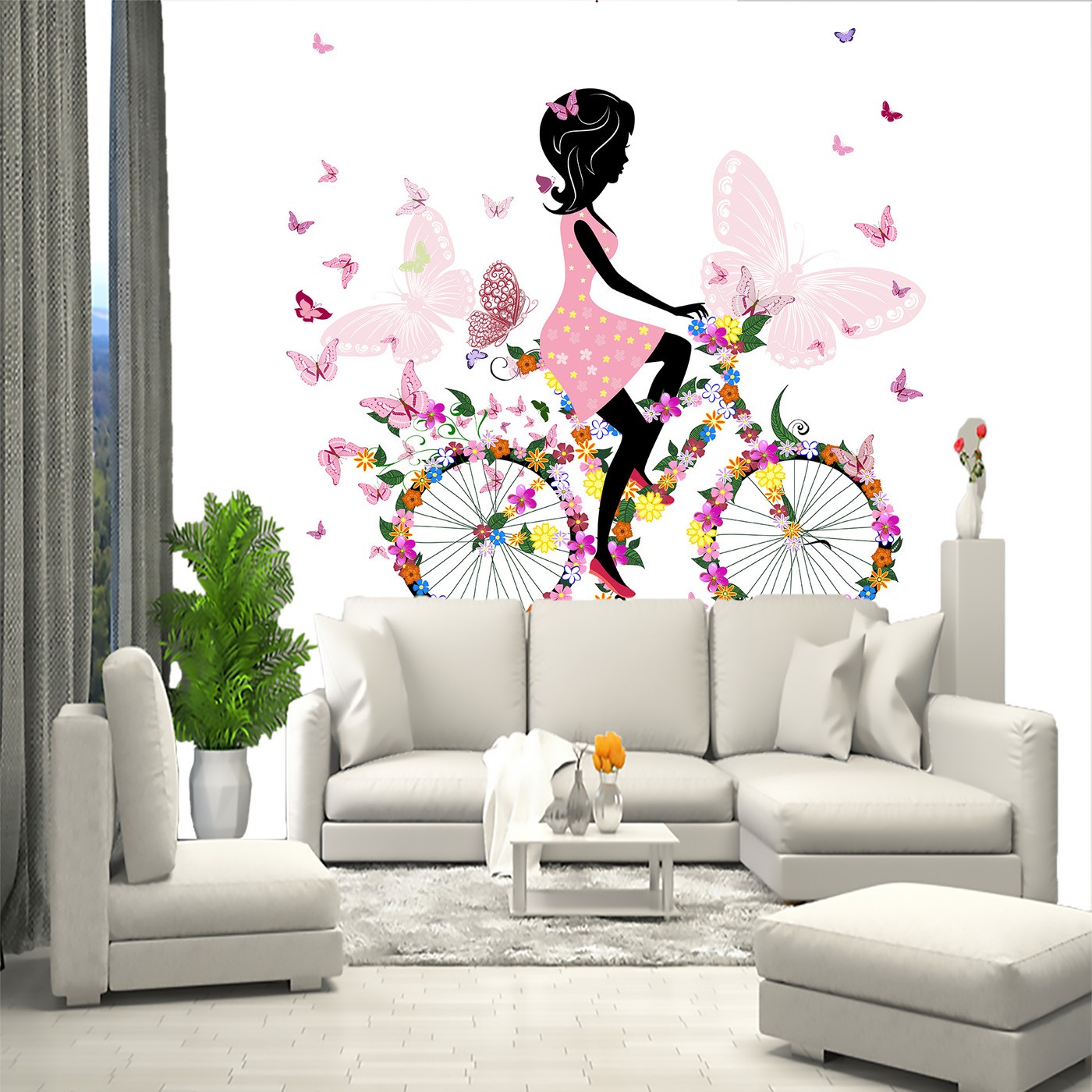 картинка Фотообои силуэт девушки в розовом на цветочном велосипеде с бабочкамиот интернет-магазина Фотомили