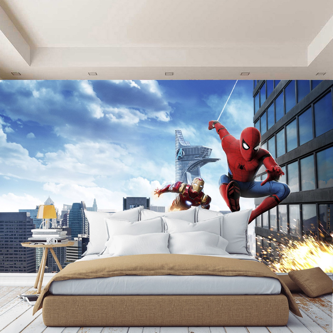 картинка Фотообои Человек паук и Железный человек на фоне небоскребовот интернет-магазина Фотомили