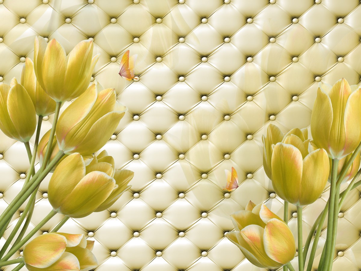 картинка 3 D фотообои желтые тюльпаны на фоне бежевой кожи с пуговицамиот интернет-магазина Фотомили