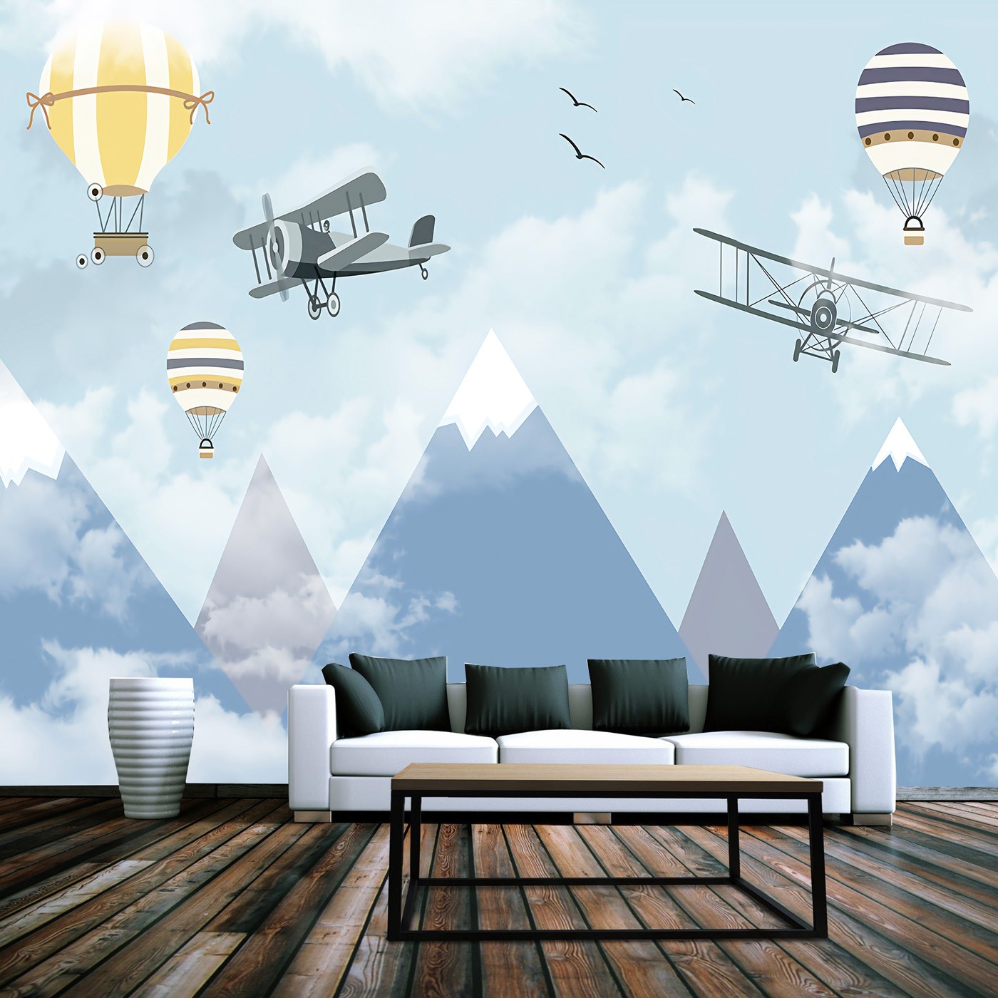 картинка Фотообои горы с воздушными шарами и самолетамиот интернет-магазина Фотомили