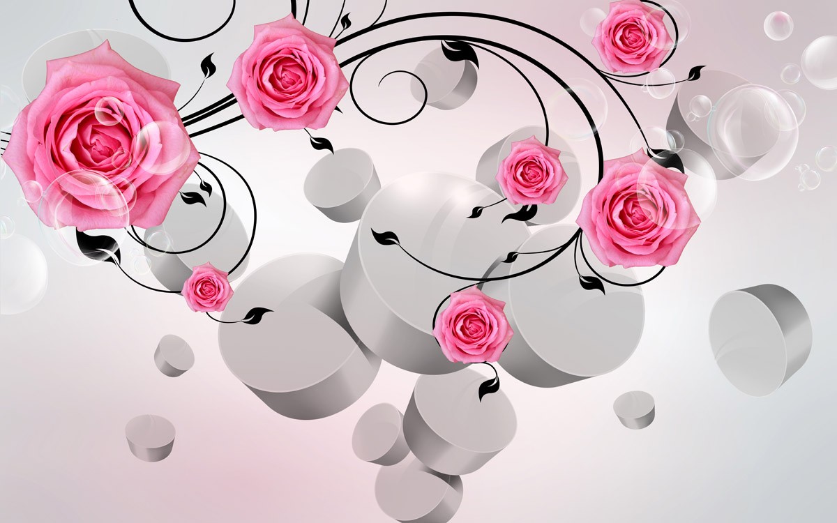 картинка 3 D фотообои розовые розы с цилиндрами и мыльными пузырямиот интернет-магазина Фотомили