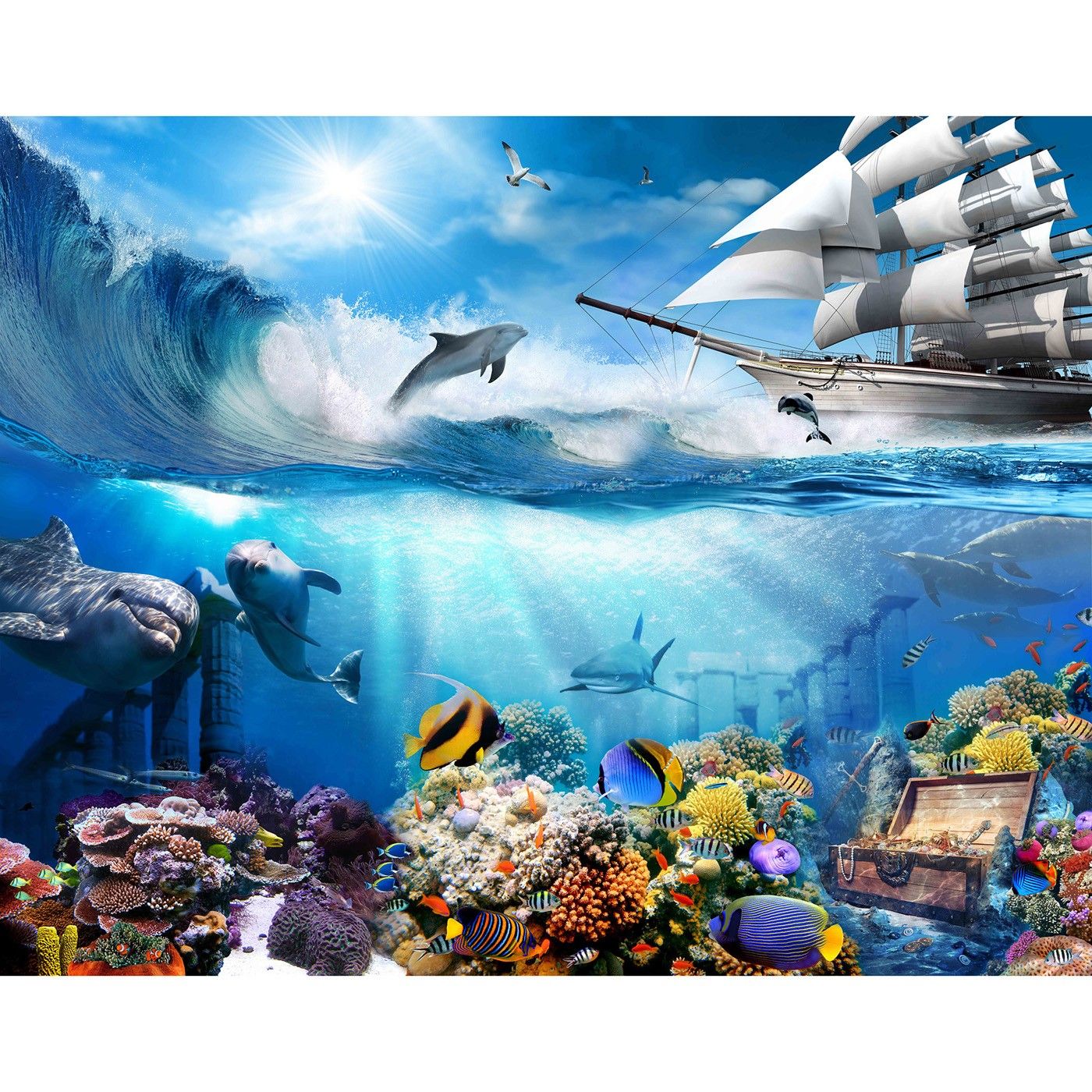 картинка Фотообои подводный мир с дельфинами кораблем и сундуком с сокровищот интернет-магазина Фотомили