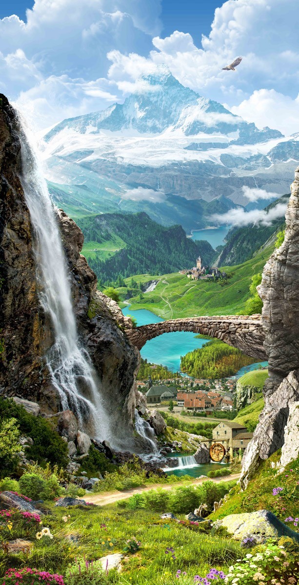 картинка Фотообои фреска горный водопад с мостикомот интернет-магазина Фотомили