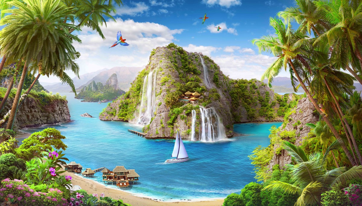 картинка Фотообои фреска райский остров с водопадами пальмами и попугаямиот интернет-магазина Фотомили