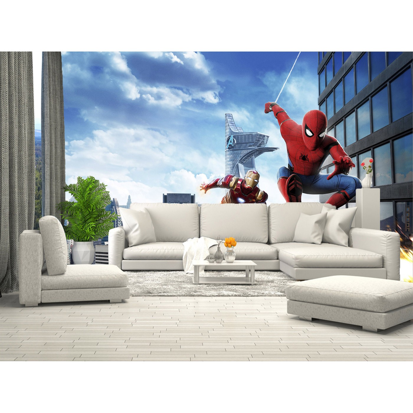 картинка Фотообои Человек паук и Железный человек на фоне небоскребовот интернет-магазина Фотомили