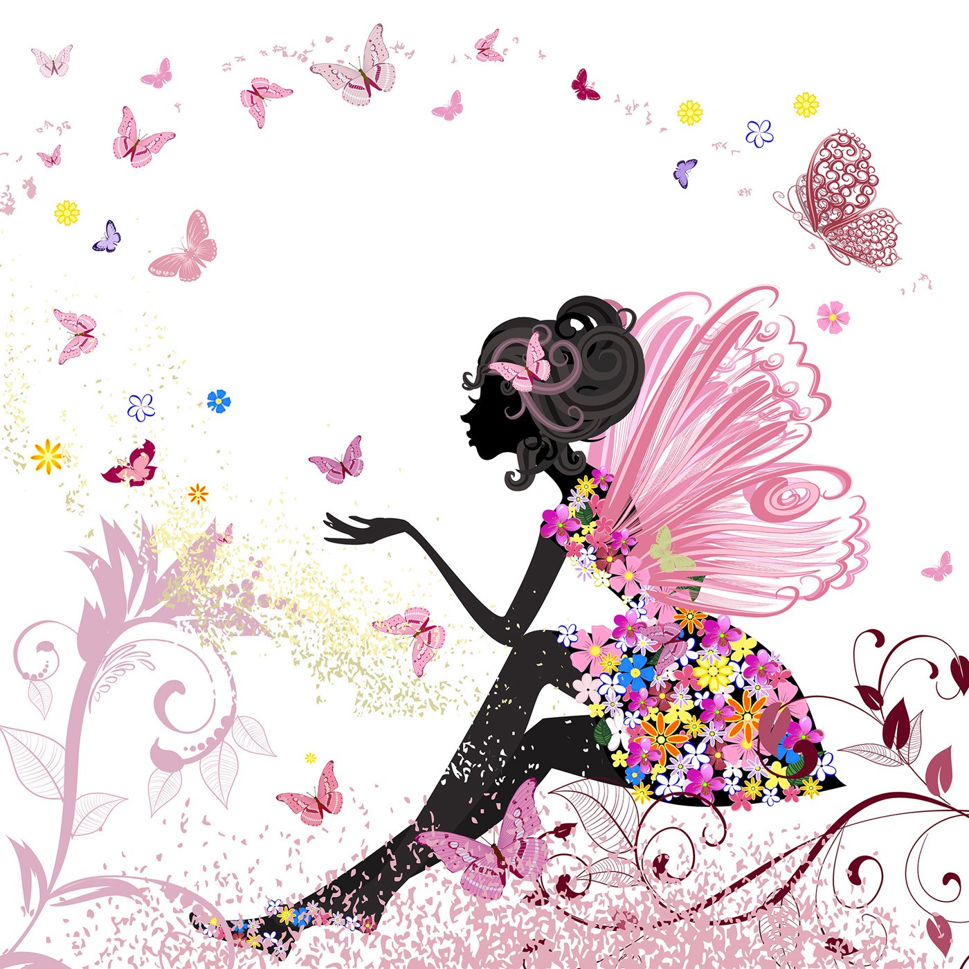 картинка Фотообои силуэт цветочной феи с платьем из цветов и бабочкамиот интернет-магазина Фотомили