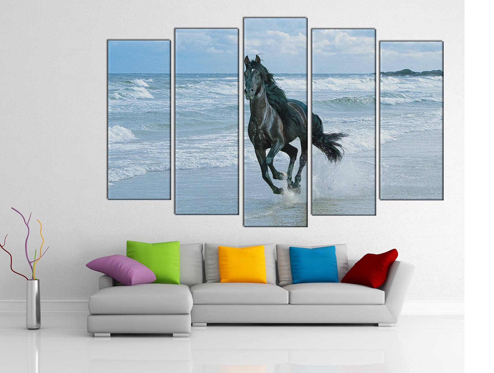 Картина на холсте на заказ Обворожительная черная лошадь скачет по воде