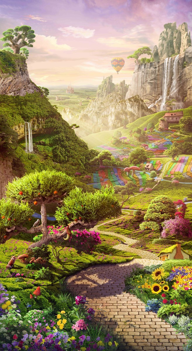 картинка Фотообои фреска сказочная долина с цветами тропинкой и водопадамиот интернет-магазина Фотомили