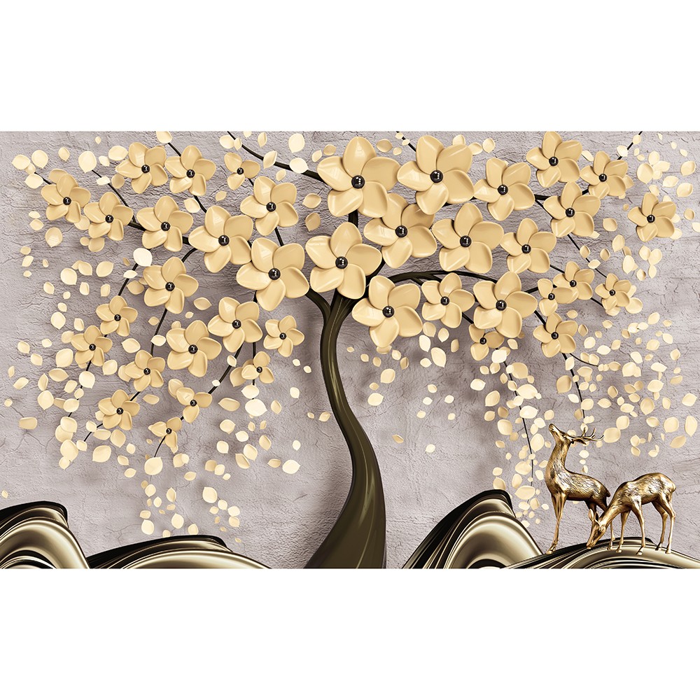 картинка Фотообои дерево с желтыми керамическими цветами и два золотых оленяот интернет-магазина Фотомили