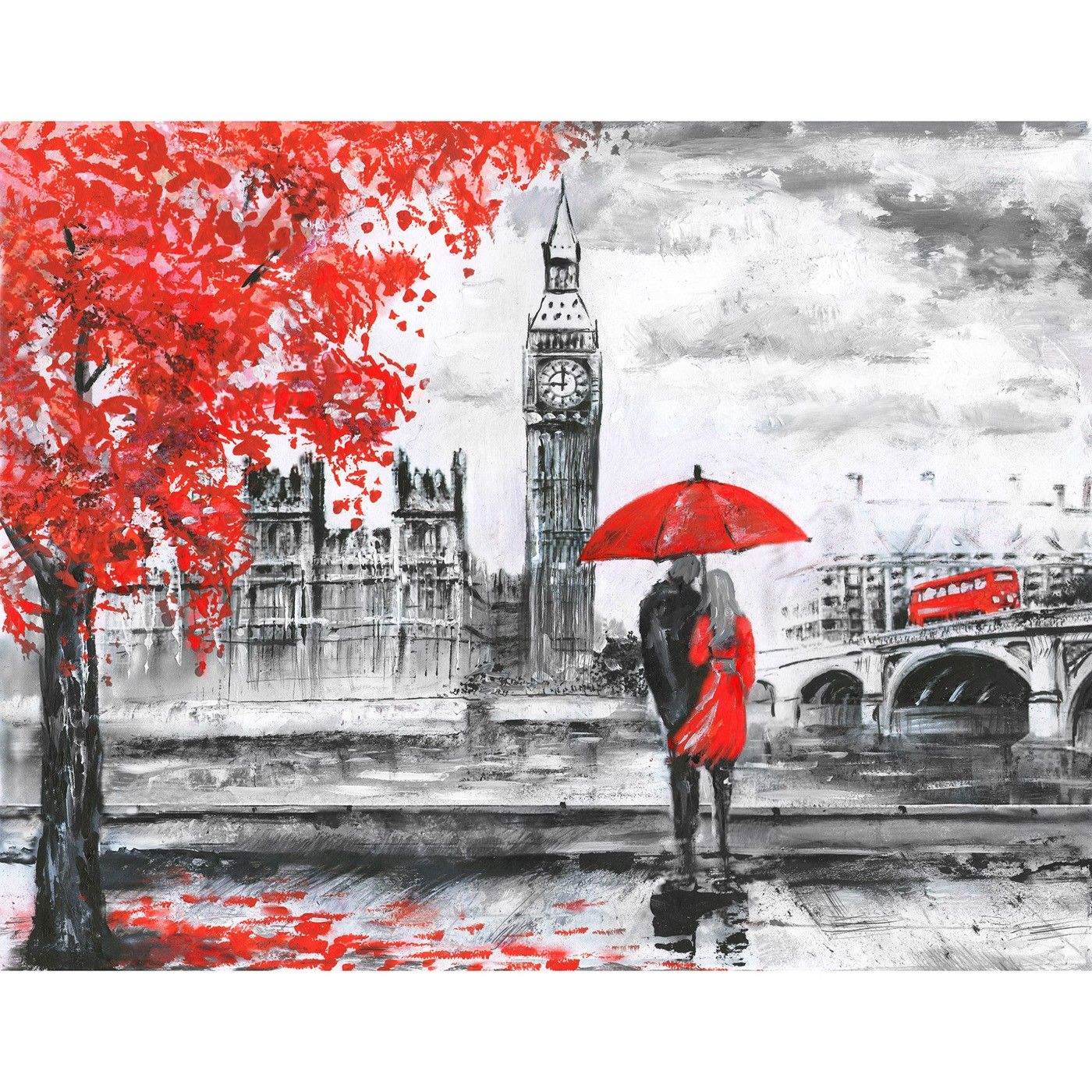 картинка Фотообои осенний Лондон и пара с красным зонтомот интернет-магазина Фотомили