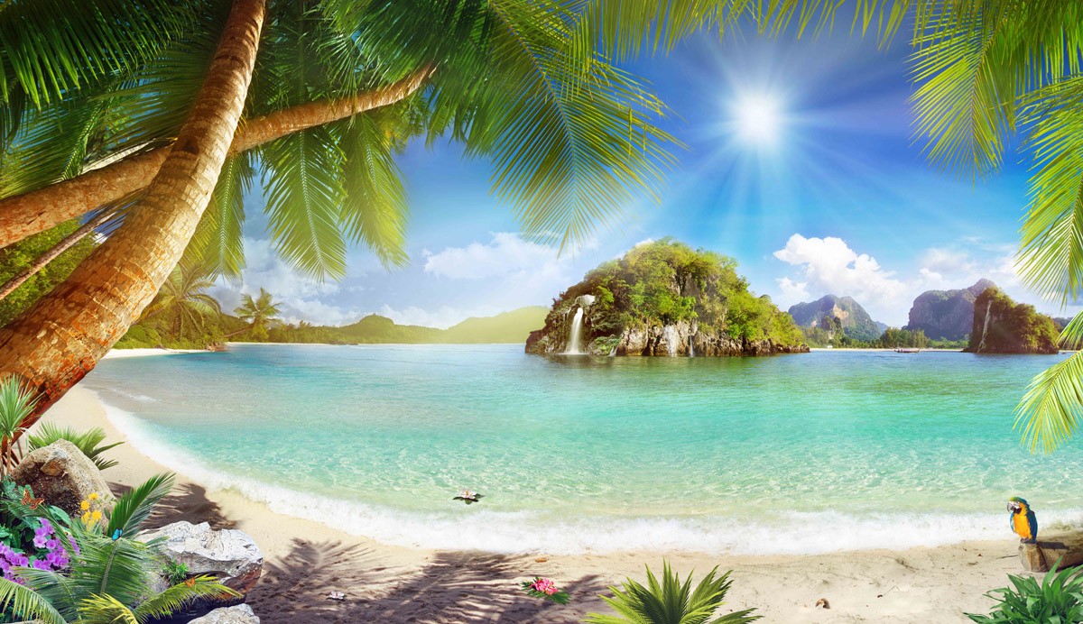 картинка Фотообои фреска райский остров  с пальмами и моремот интернет-магазина Фотомили