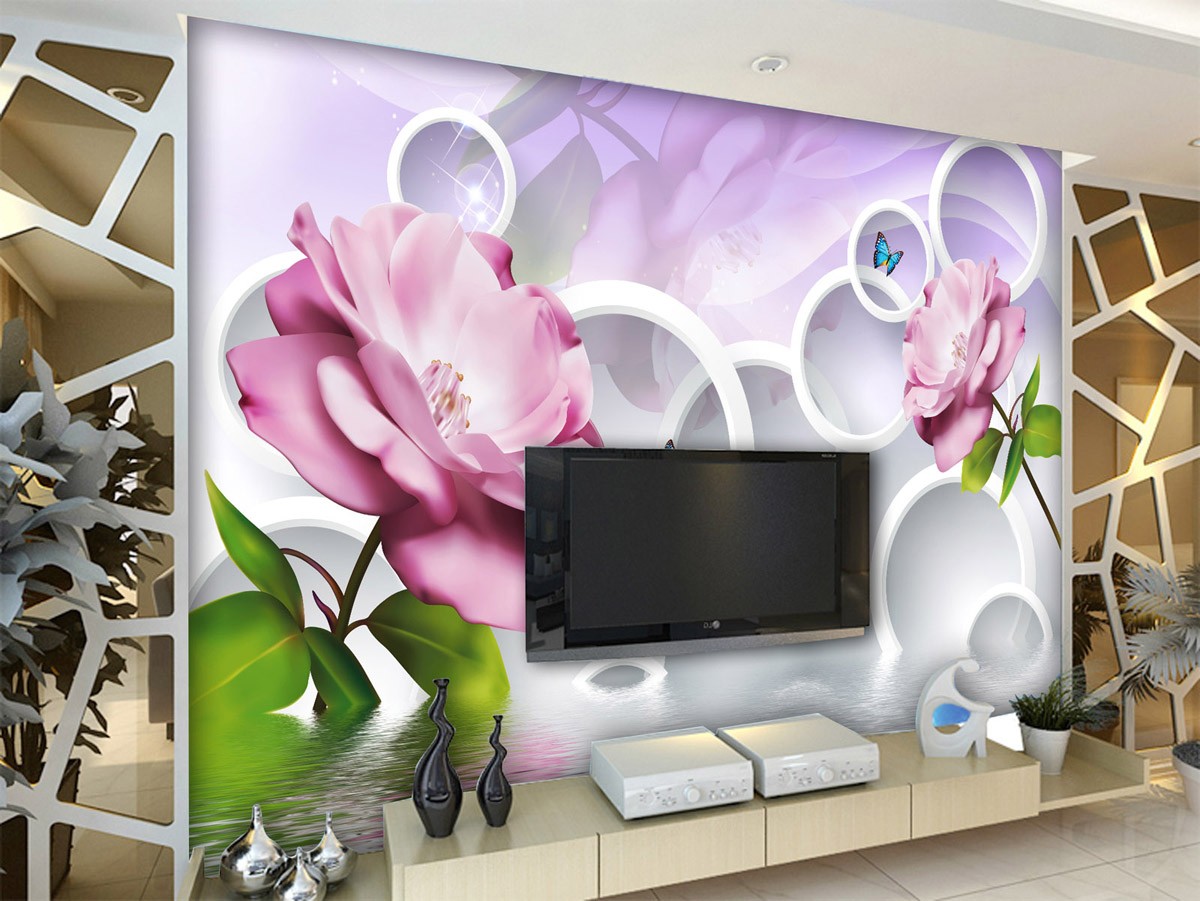 картинка 3 D фотообои розовый цветок с кругами и бабочками на водеот интернет-магазина Фотомили