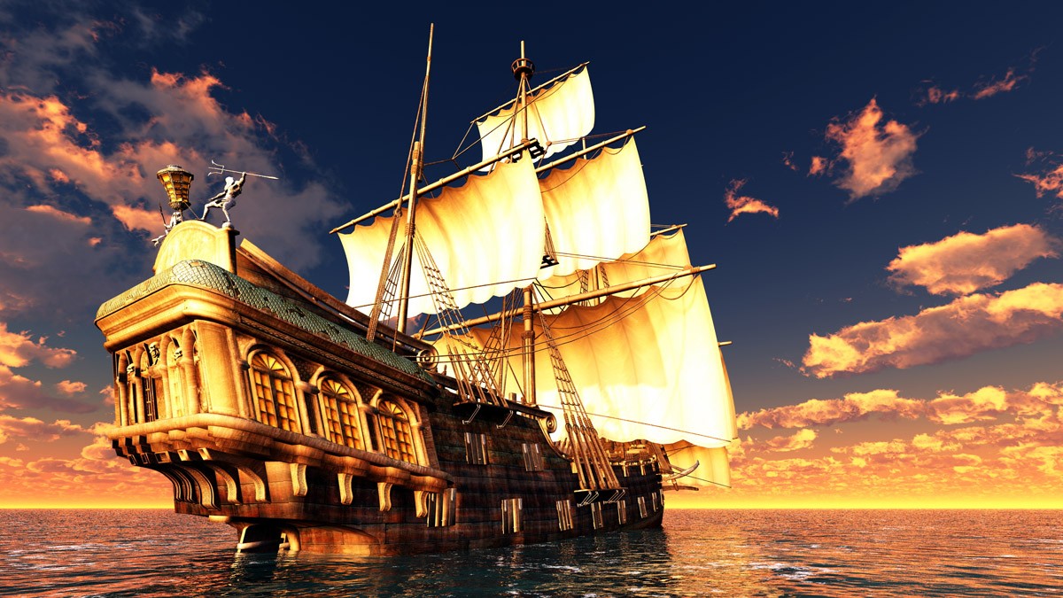 картинка Фотообои старинный корабль с парусом в солнечных огняхот интернет-магазина Фотомили