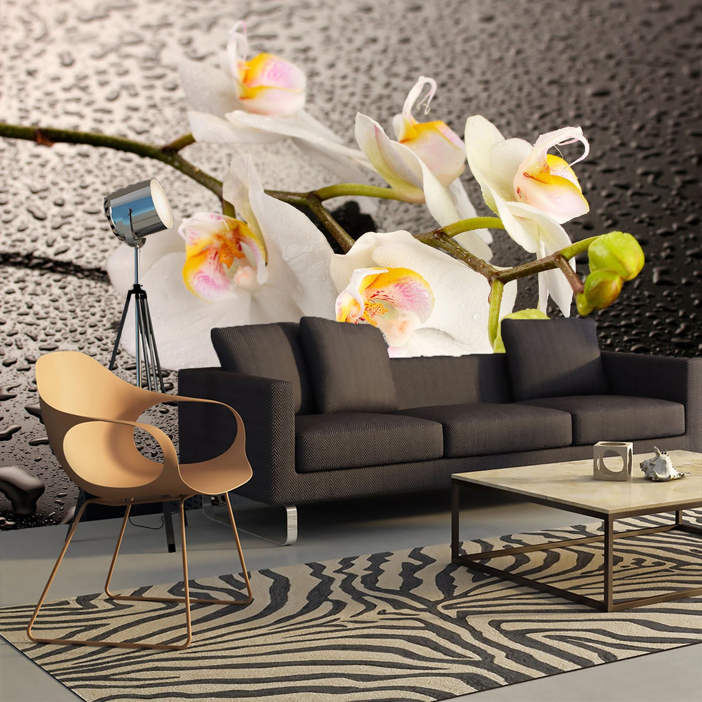картинка Фотообои веточка белоснежной орхидеи на влажном стеклеот интернет-магазина Фотомили
