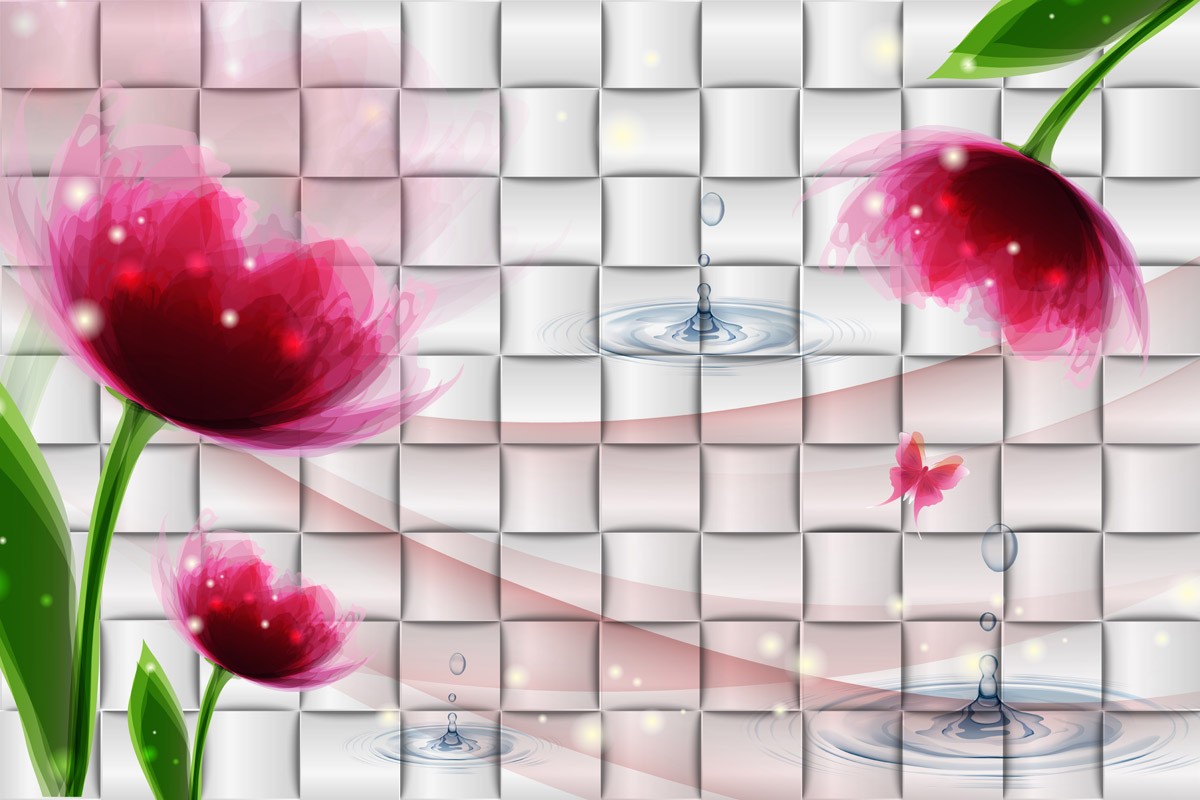 картинка 3 D фотообои акварельные цветы с капельками на водеот интернет-магазина Фотомили