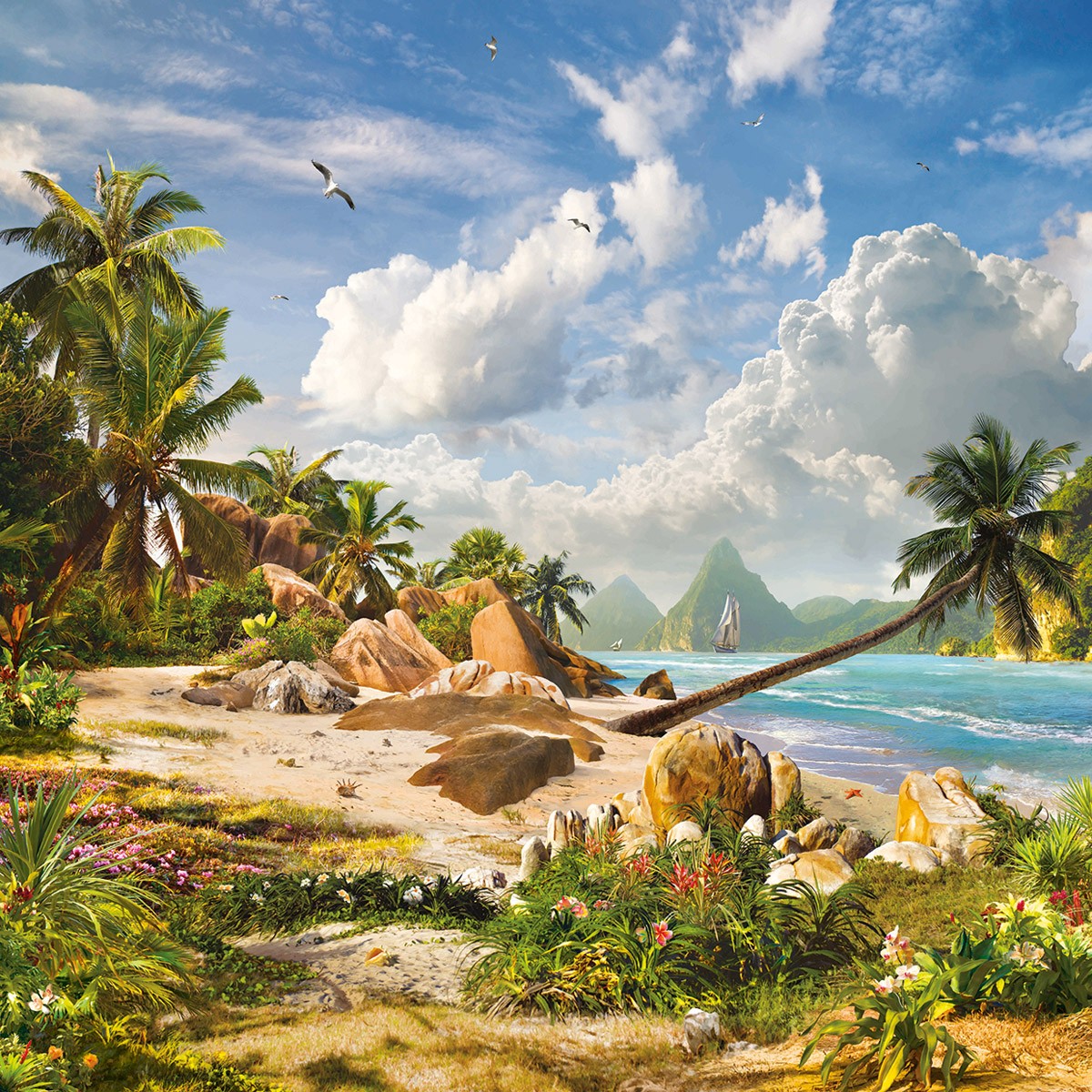 картинка Фотообои фреска пальма наклонившаяся к морю а вдали корабль и чайкиот интернет-магазина Фотомили