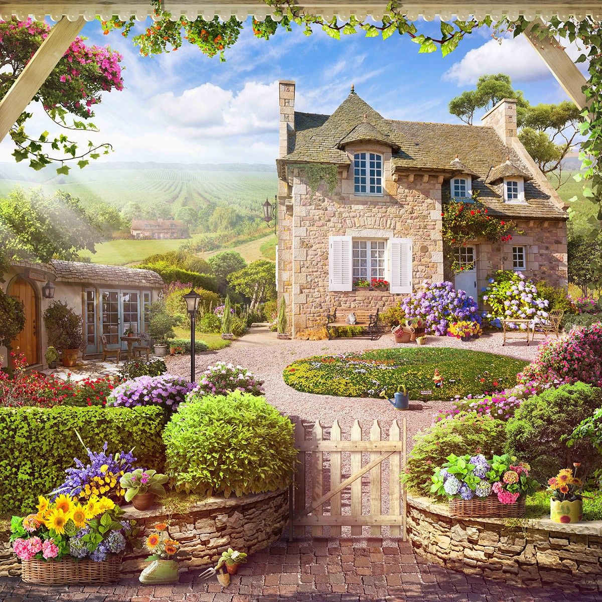 картинка Фотообои фреска старинный каменный дом с садом и видом на полеот интернет-магазина Фотомили