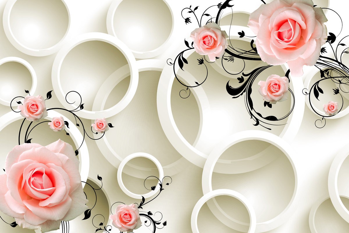 картинка 3 D фотообои объёмные круги на фоне роз от интернет-магазина Фотомили