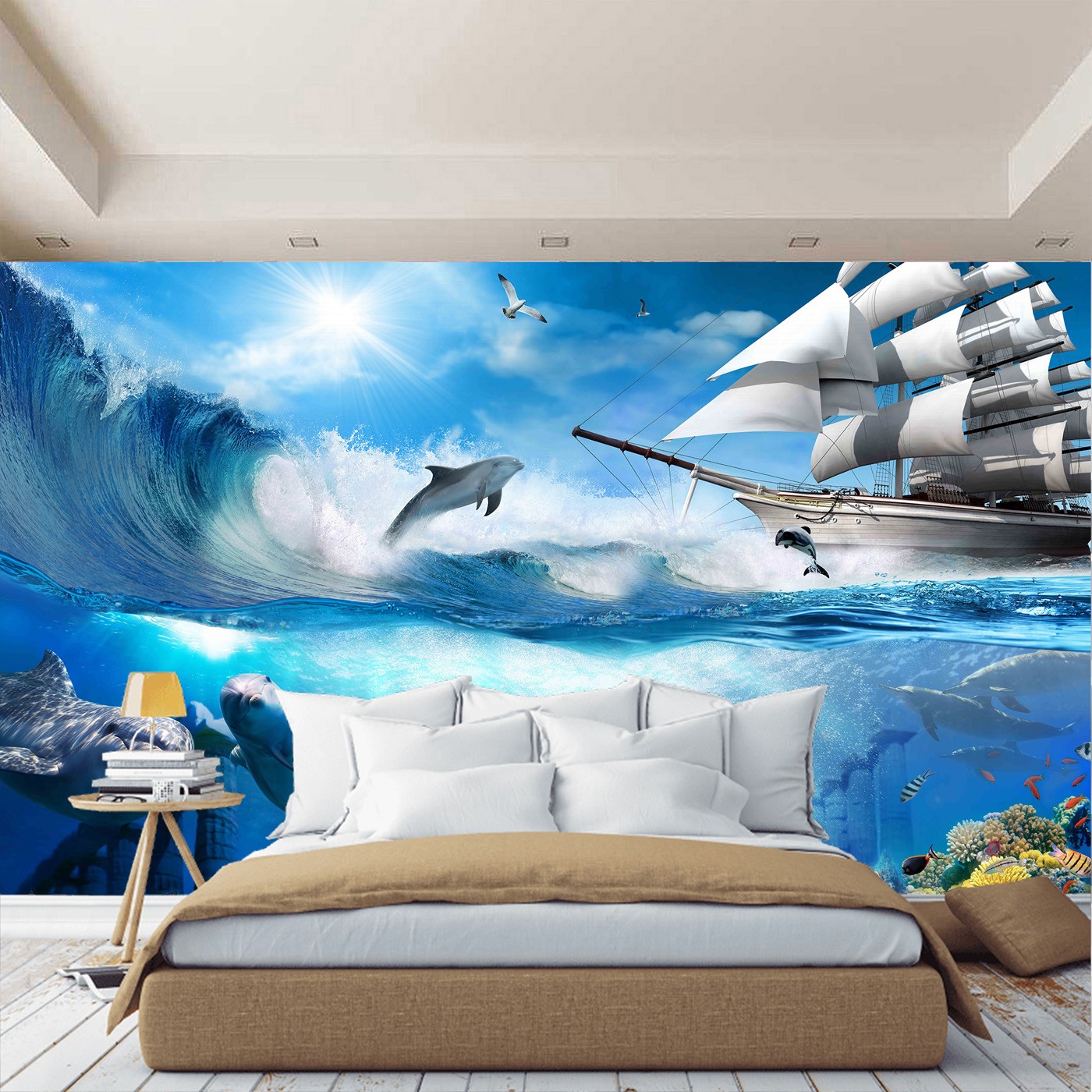 картинка Фотообои подводный мир с дельфинами кораблем и сундуком с сокровищот интернет-магазина Фотомили