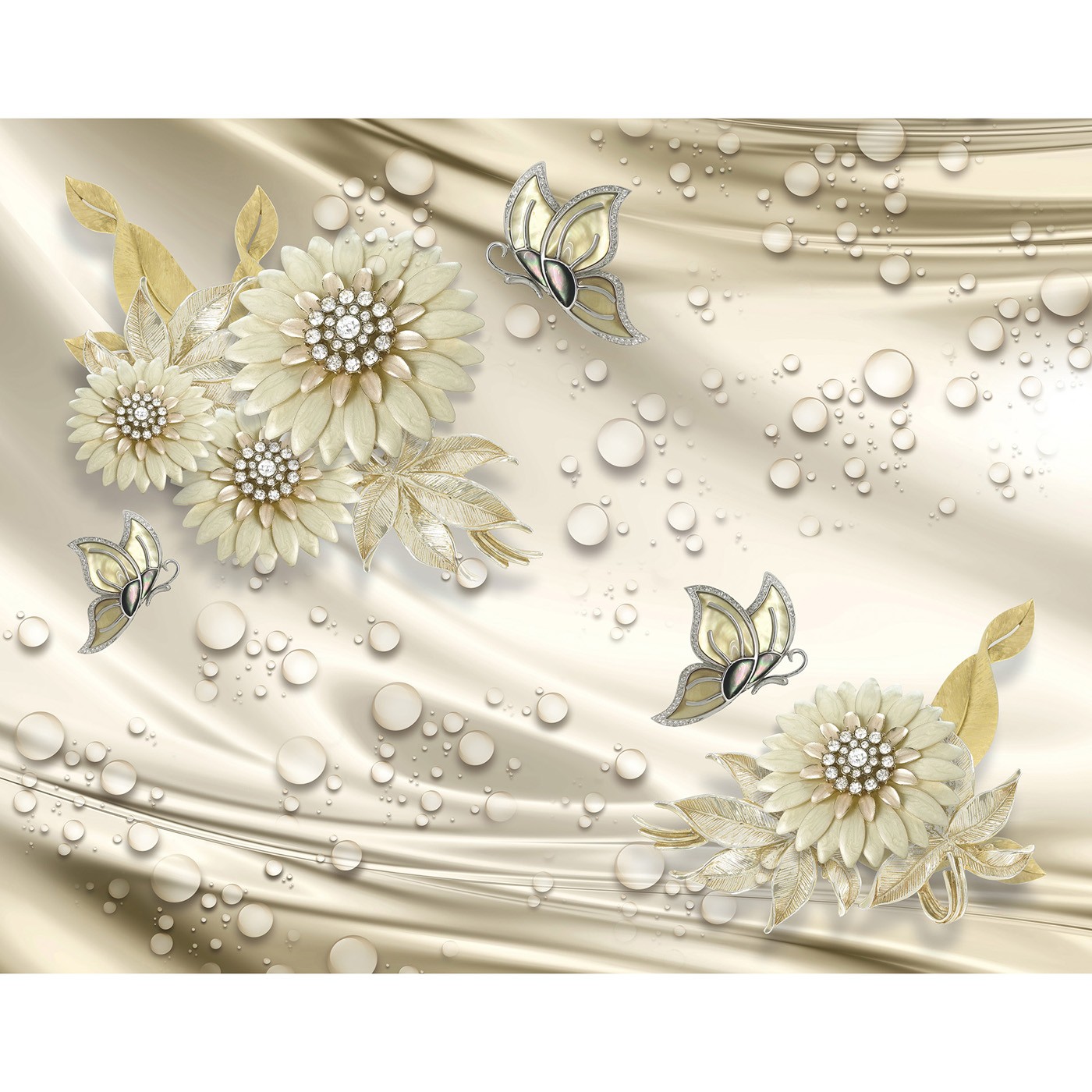 картинка Фотообои цветы с алмазами и бабочками на шелкеот интернет-магазина Фотомили