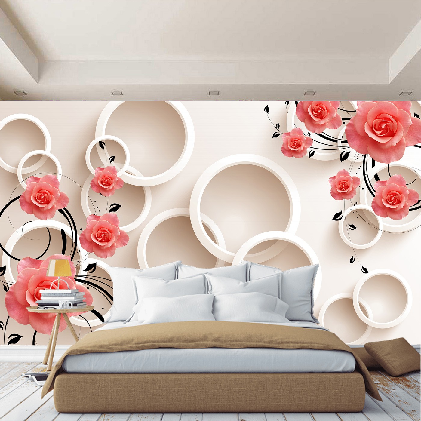 картинка Фотообои розовые розы на белом фоне с кругамиот интернет-магазина Фотомили
