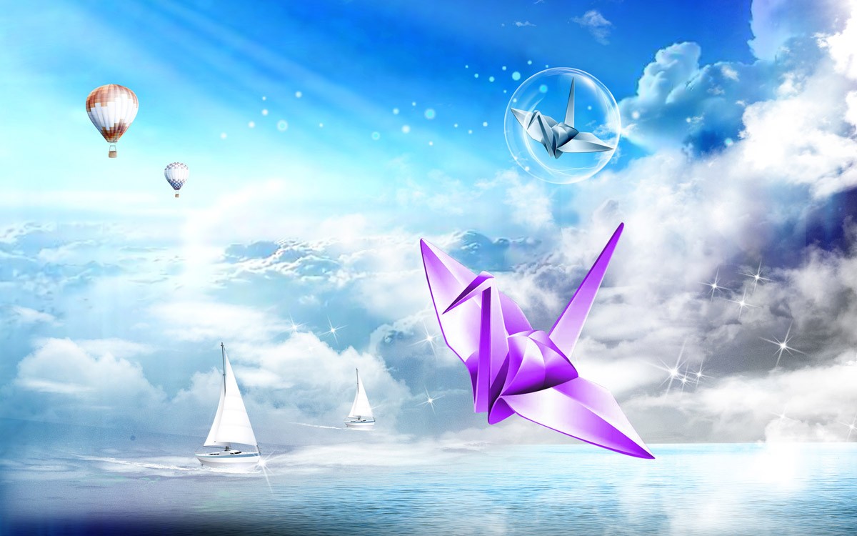 картинка Фотообои лебедь оригами на фоне неба моря и воздушных шаровот интернет-магазина Фотомили