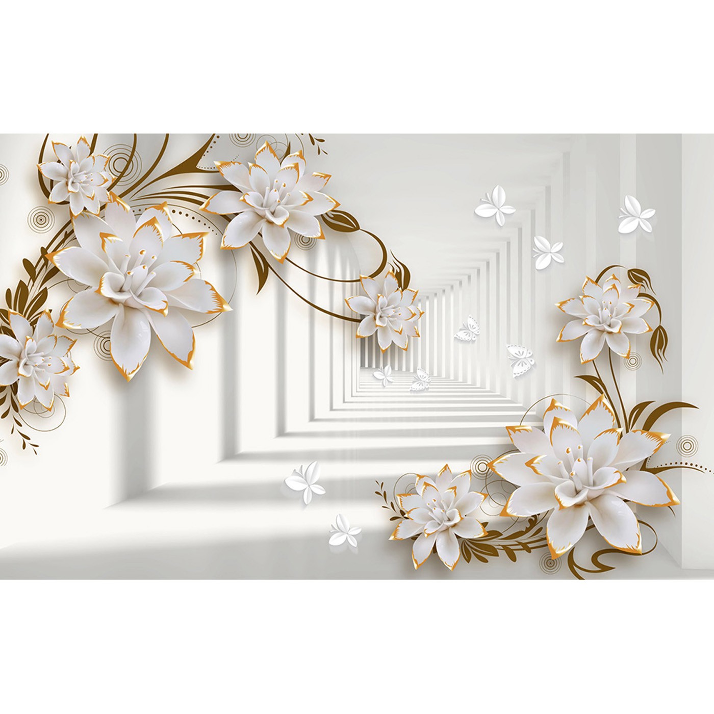 картинка Фотообои цветы декорированные золотом на фоне белого тоннеляот интернет-магазина Фотомили