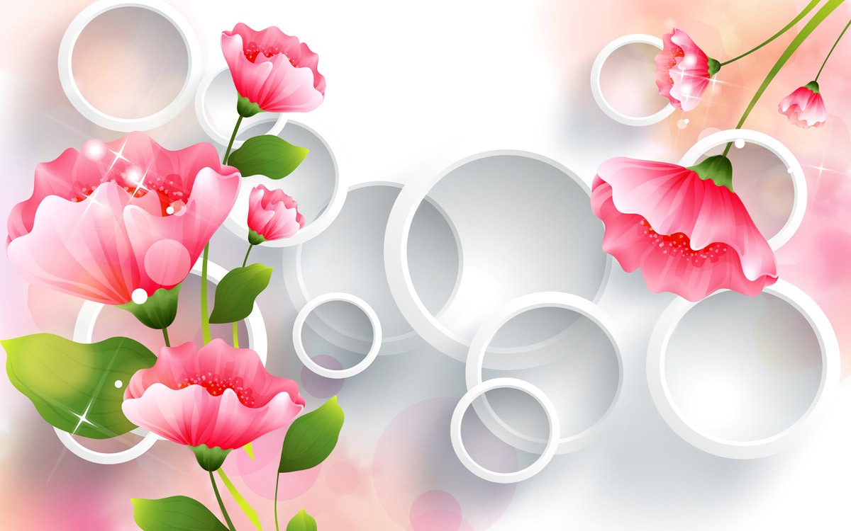 картинка 3 D фотообои розовые цветы с кругамиот интернет-магазина Фотомили