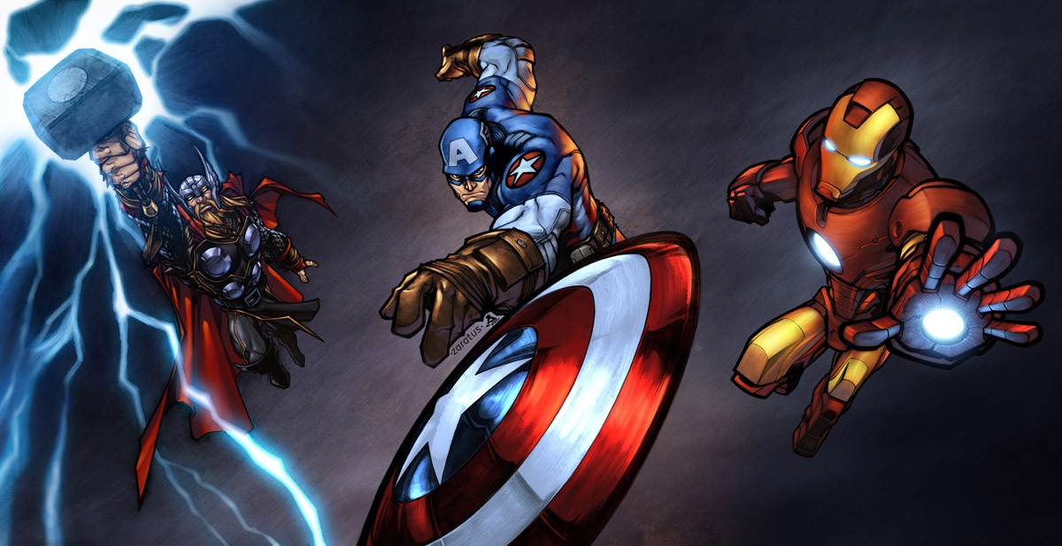 картинка Фотообои герои марвел Тор Капитан Америка и Железный человекот интернет-магазина Фотомили