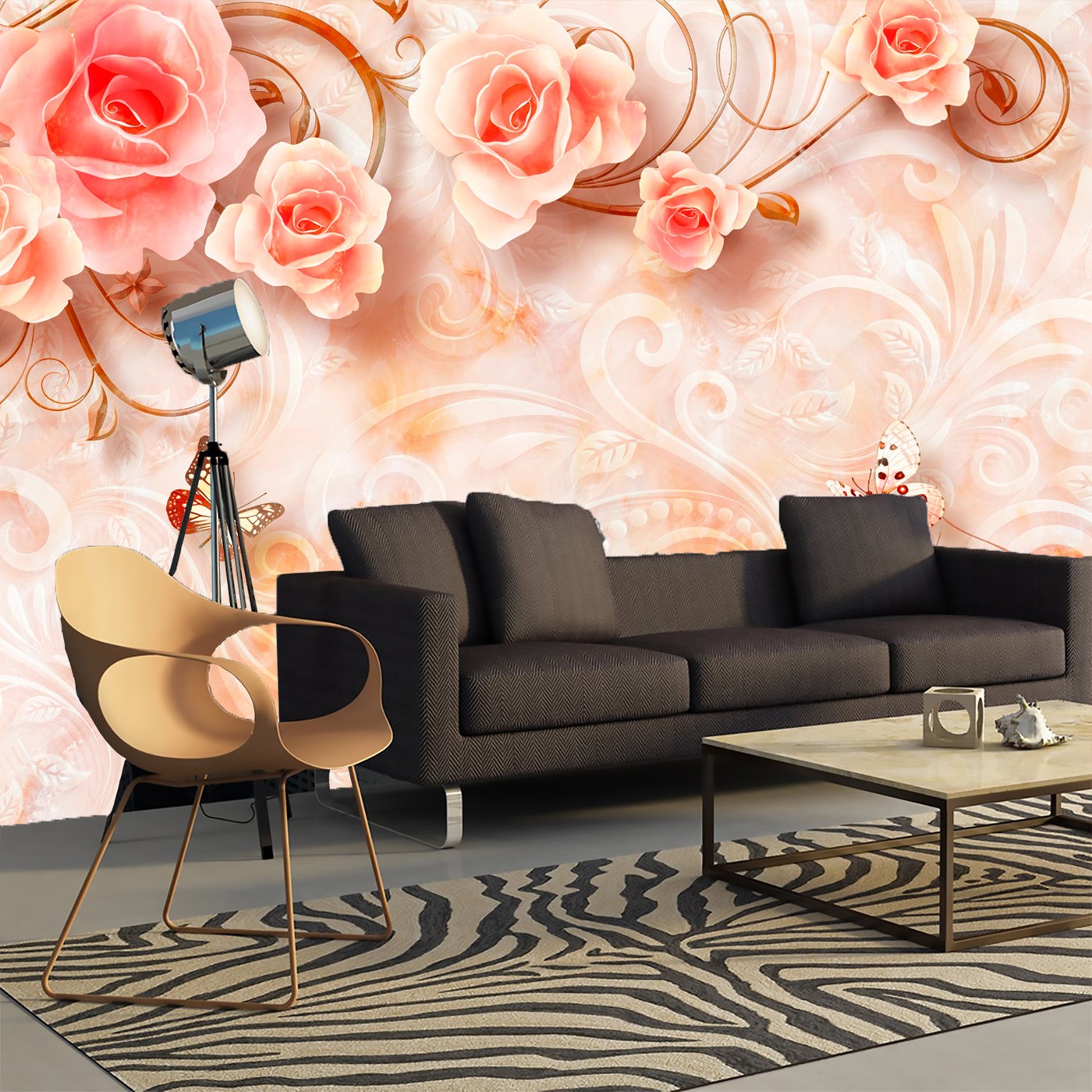 картинка Фотообои персиковые розы с фактурным фоном и бабочкамиот интернет-магазина Фотомили