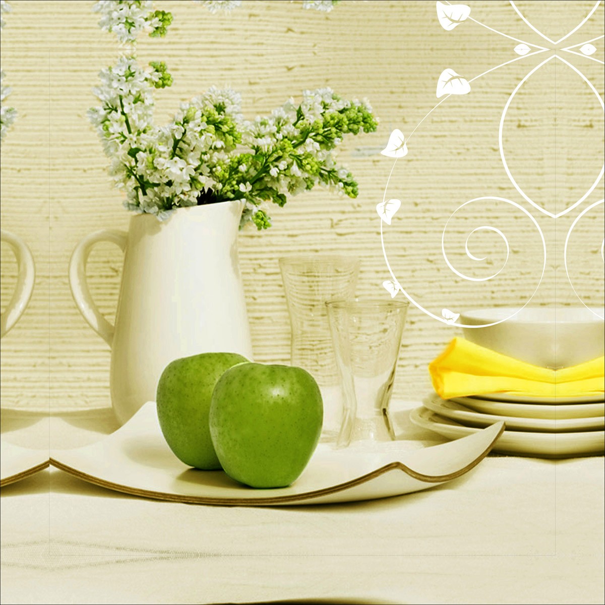 картинка Фотообои сервировка стола в бело зеленых оттенкахот интернет-магазина Фотомили