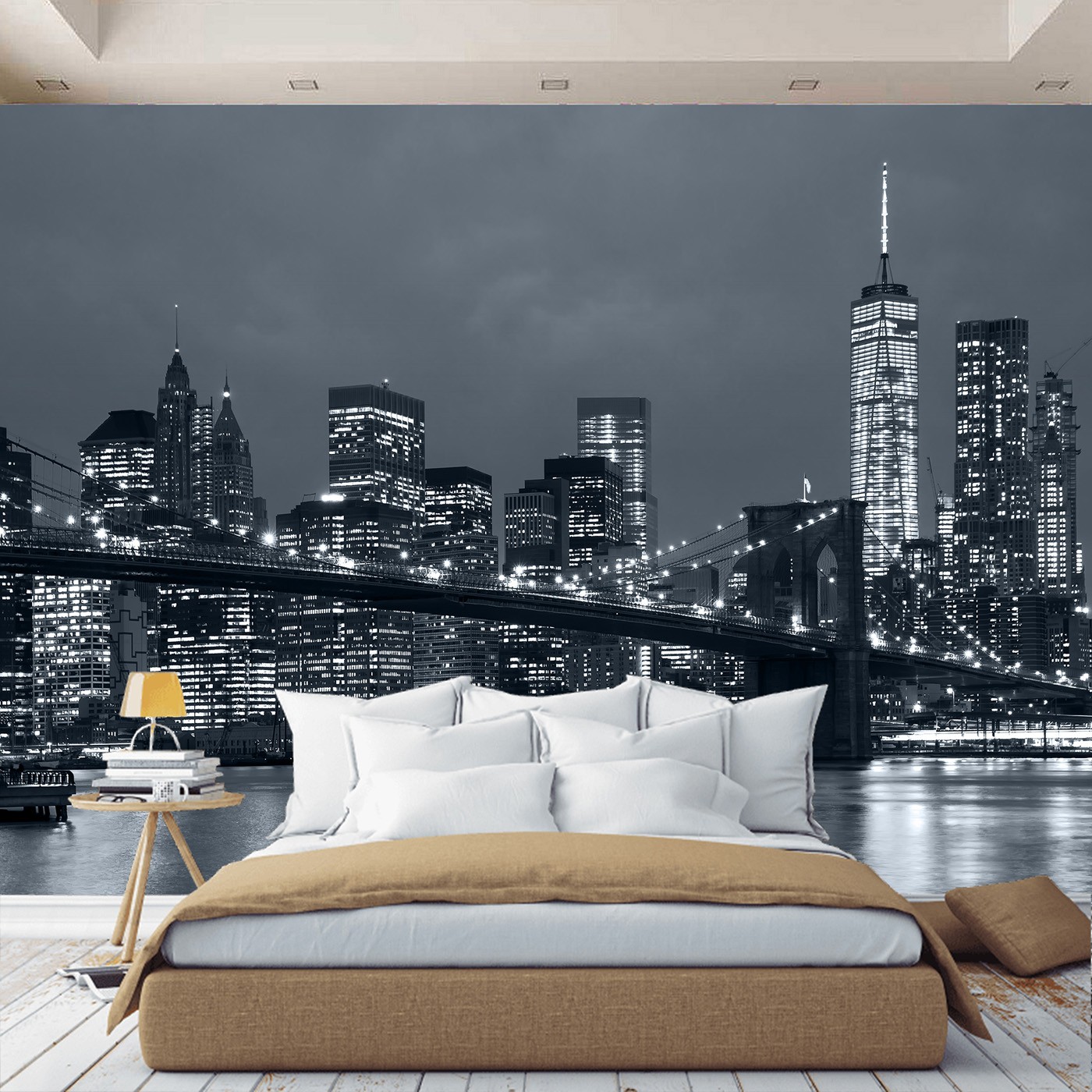 картинка Фотообои город Нью Йорк с видом на Бруклинский мост черно белыйот интернет-магазина Фотомили