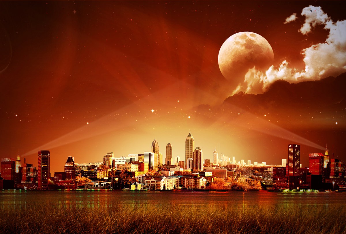 картинка Фотообои красивый ночной город с лунойот интернет-магазина Фотомили