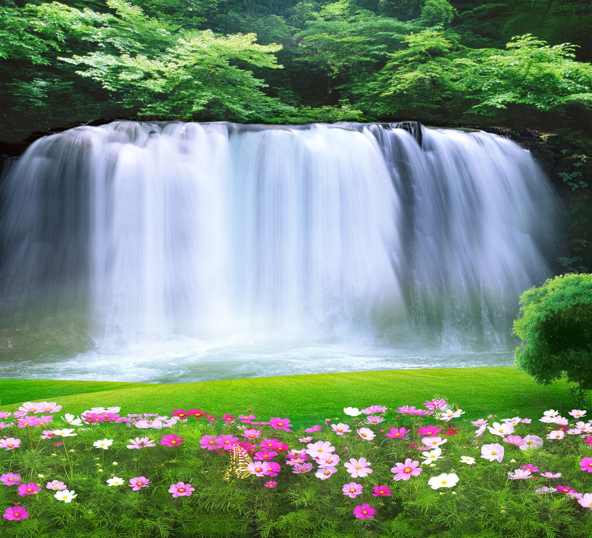 картинка Фотообои водопад в лесу и цветочная полянаот интернет-магазина Фотомили