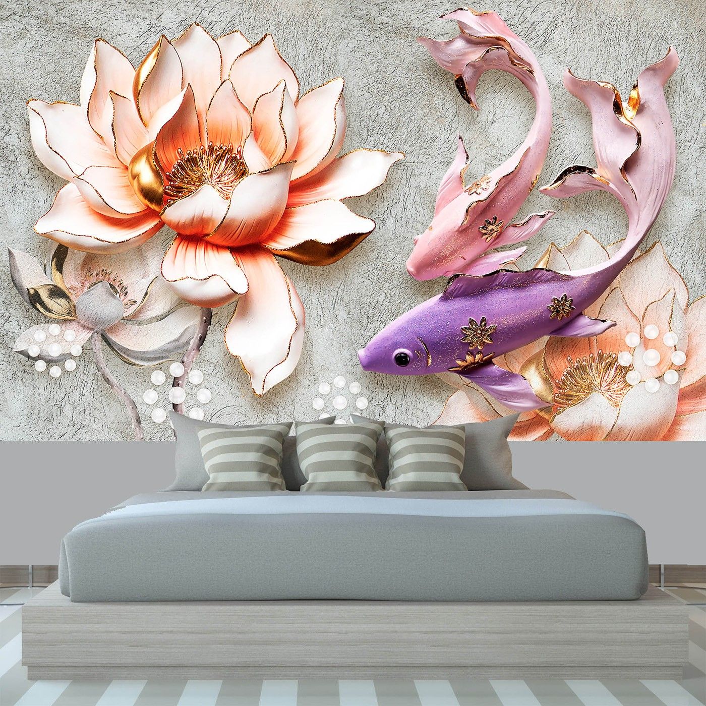 картинка Фотообои барельеф цветы и красивые рыбкиот интернет-магазина Фотомили