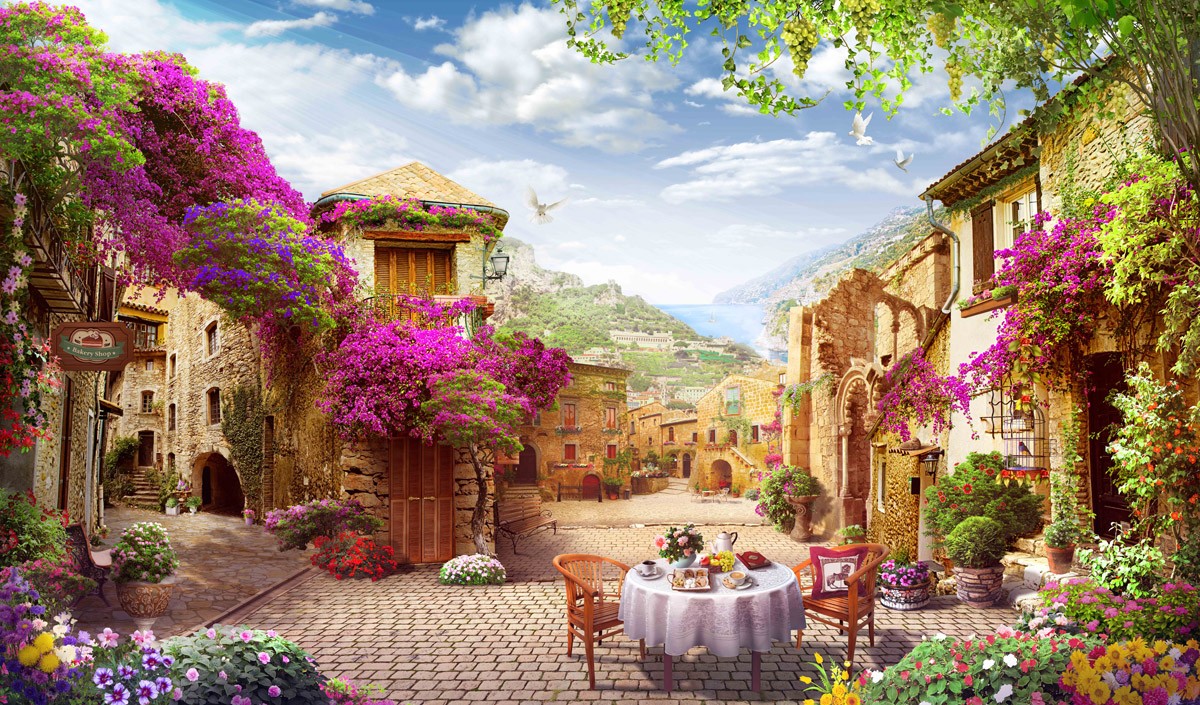 картинка Фотообои фреска улочки Италии с кафе и столиком на улицеот интернет-магазина Фотомили