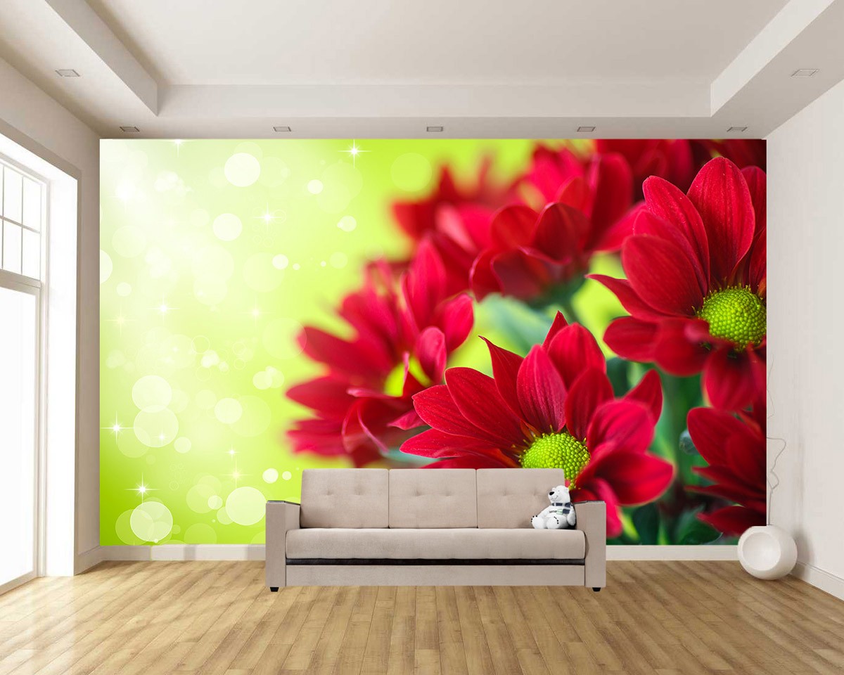 картинка Фотообои букет красных цветов на салатовом фонеот интернет-магазина Фотомили