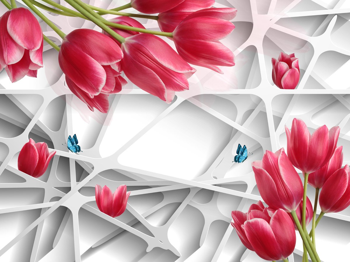 картинка 3 D фотообои весенние розовые тюльпаны с бабочкамиот интернет-магазина Фотомили