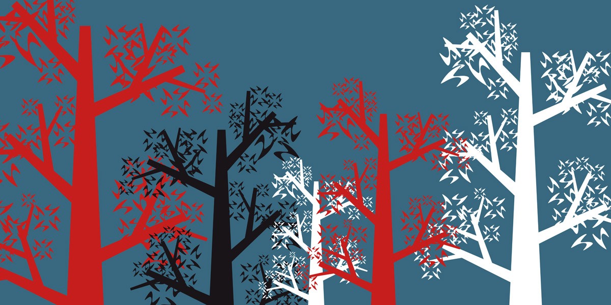 картинка Фотообои черные белые и красные деревья на синем фонеот интернет-магазина Фотомили