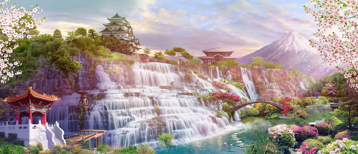 картинка Фотообои фреска японская архитектура на фоне водопада мостика и горот интернет-магазина Фотомили