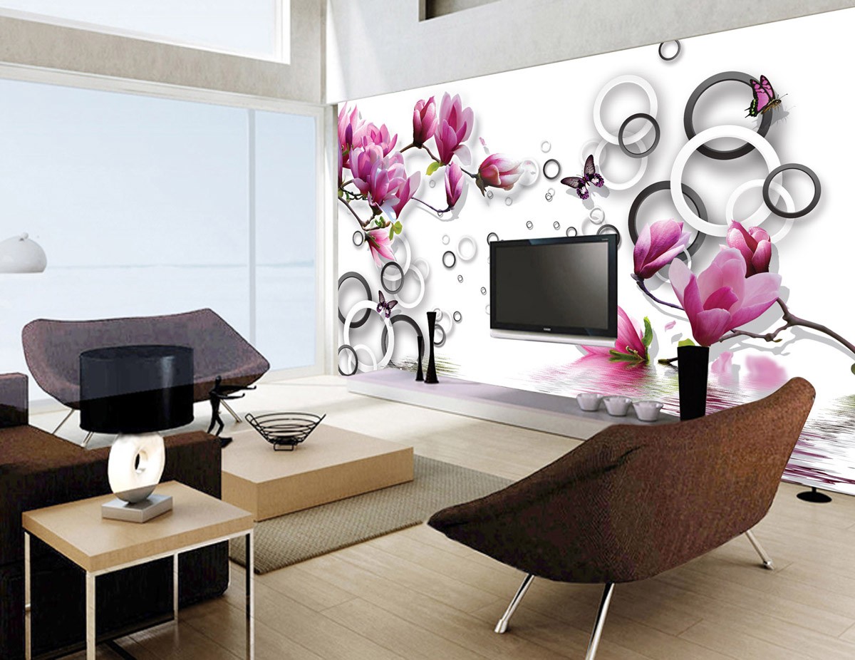картинка 3 D фотообои цветы магнолии на фоне бабочек с кругамиот интернет-магазина Фотомили