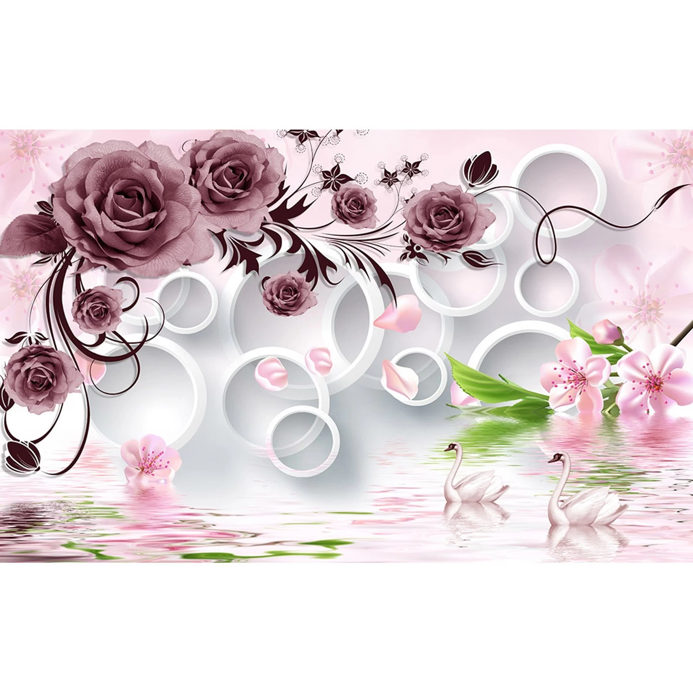 картинка Фотообои цветы с кругами на фоне воды с лебедямиот интернет-магазина Фотомили