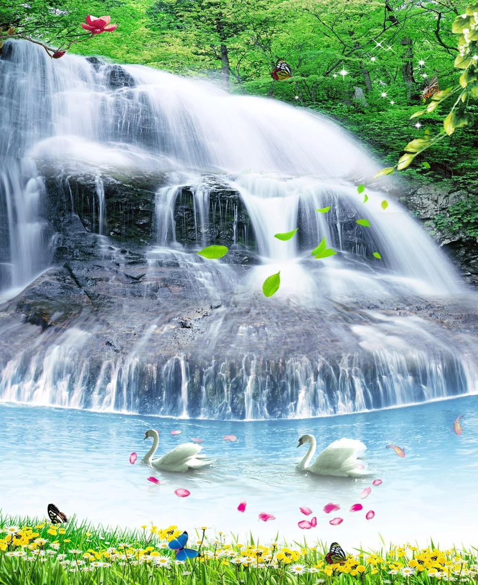 картинка Фотообои водопад лестница с лебедямиот интернет-магазина Фотомили