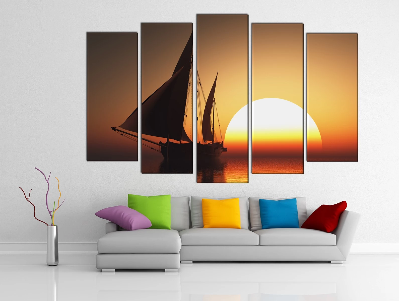 Картина на холсте на заказ Парусный корабль на фоне золотого солнца