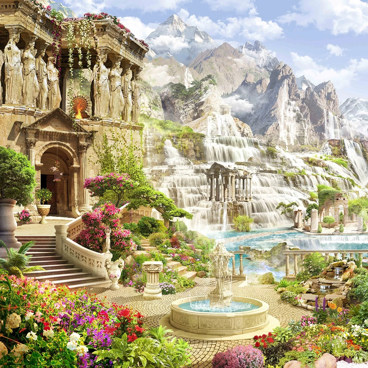 картинка Фотообои горы с водопадом на фоне строений в римском стилеот интернет-магазина Фотомили