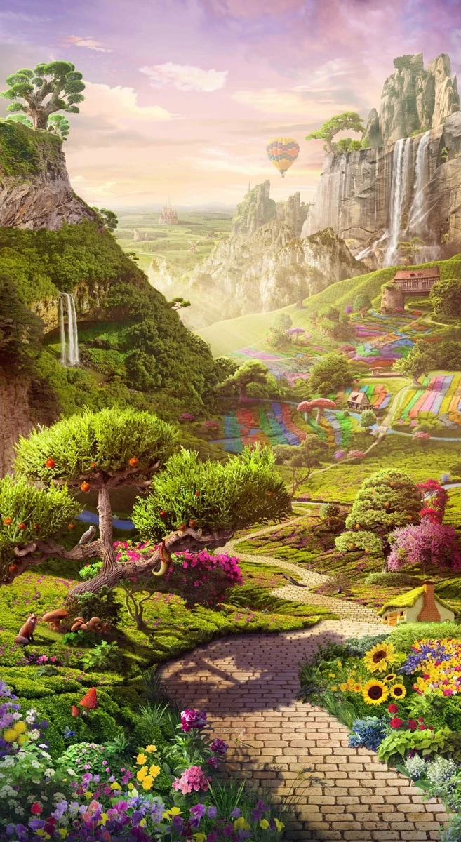 картинка Фотообои фреска сказочная долина с цветами тропинкой и водопадамиот интернет-магазина Фотомили