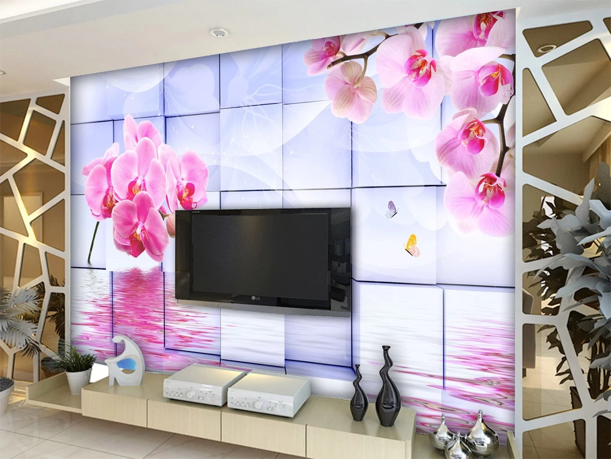 картинка 3 D фотообои кубы и орхидеи с отражением на водной гладиот интернет-магазина Фотомили